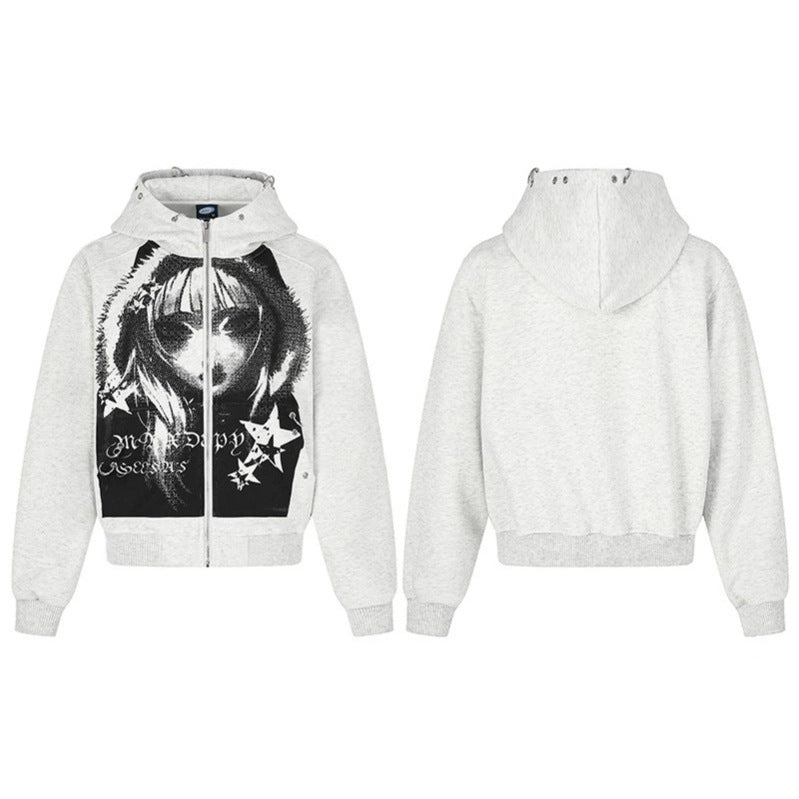 Damen Kapuzen‑Sweatjacke mit fotorealistischem Manga‑Frontprint, Fleece‑Futter und durchgehendem Reißverschluss Echoarchiv
