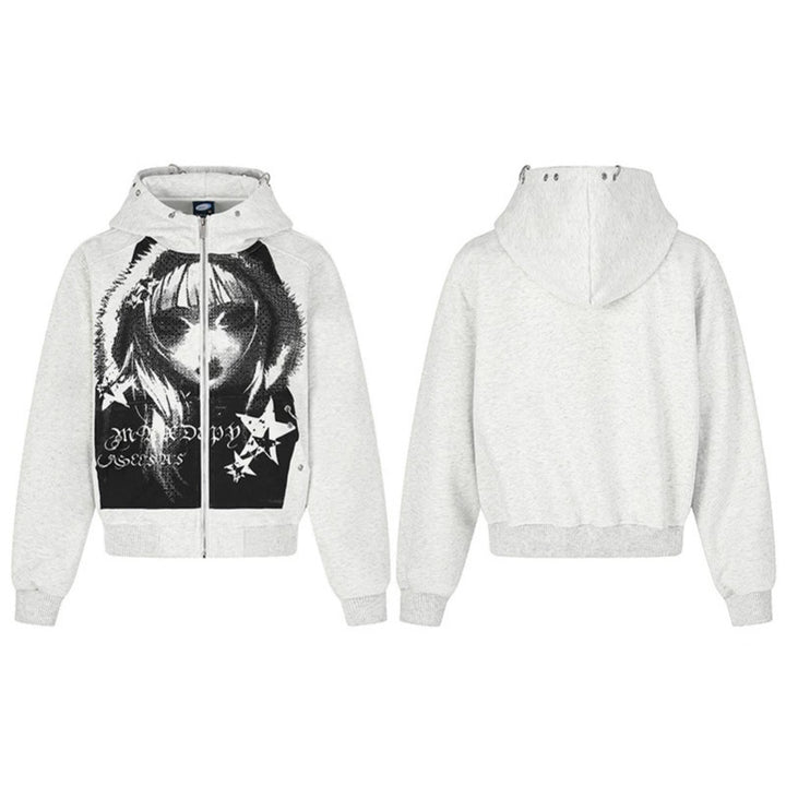 Damen Kapuzen‑Sweatjacke mit fotorealistischem Manga‑Frontprint, Fleece‑Futter und durchgehendem Reißverschluss Echoarchiv