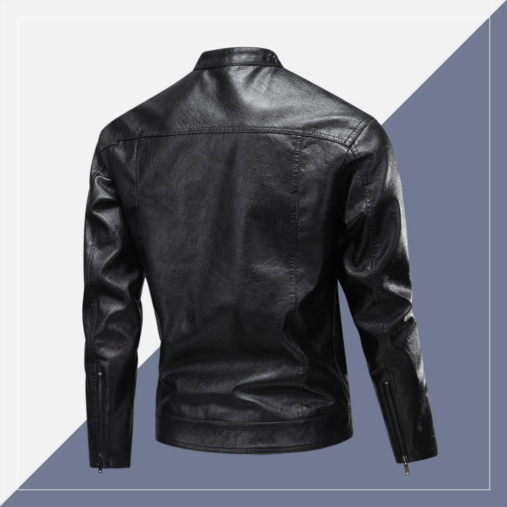 Herren Lederimitat-Bikerjacke mit Stehkragen, schmaler Passform & diagonalen Reißverschlusstaschen Echoarchiv