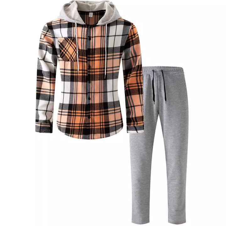 Herren lässiges Flanell-Hemd mit Kapuze und Jogginghose Set Echoarchiv
