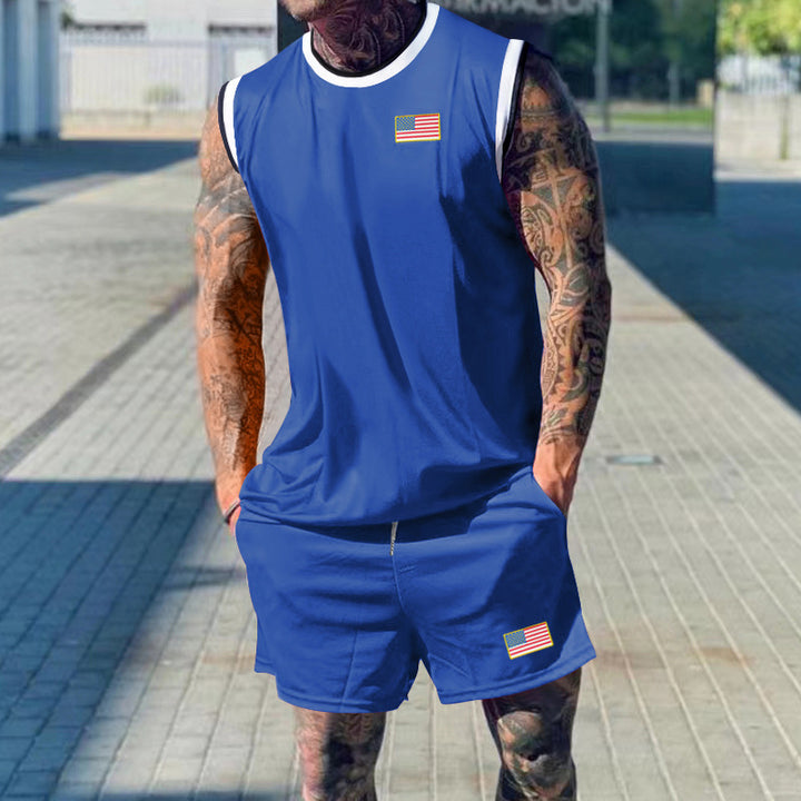 Herren sportliches Tanktop und Shorts-Set mit dekorativem Flaggenmotiv Echoarchiv