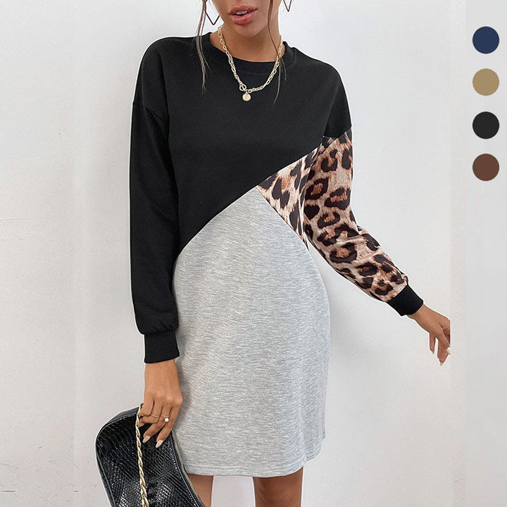 Damen Oversize-Sweatkleid mit Colorblock-Design und Leopardenärmeln Echoarchiv