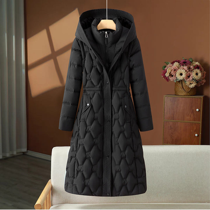 Damen nan langer gesteppter Mantel mit Wabenquilt, Kapuze und taillierter A-Linie Echo Archiv