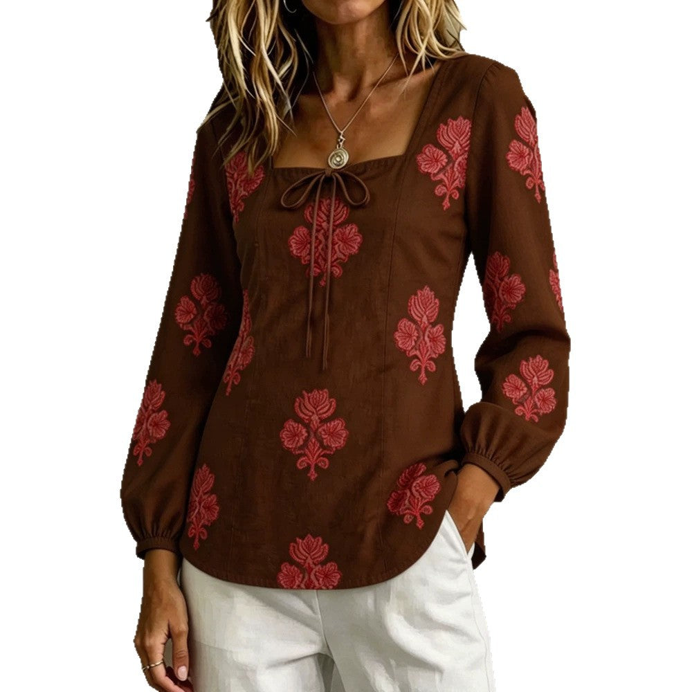 Damen Bestickte Tunika-Bluse mit quadratischem Ausschnitt und femininen Ballonärmeln – Élovi