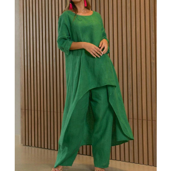 Damen Lässiges Leinenoptik-Zweiteiler mit asymmetrischer Long-Tunika und weitem Palazzo-Hose – Élanora