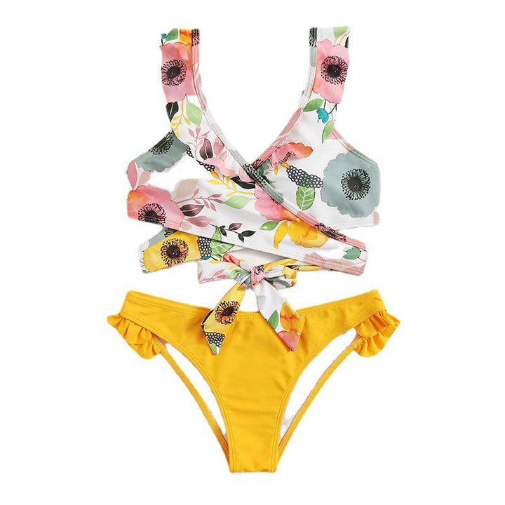 Damen Zweiteiliges Blumen-Bikini-Set mit tailliertem Oberteil und Rüschenslip Echo Archiv