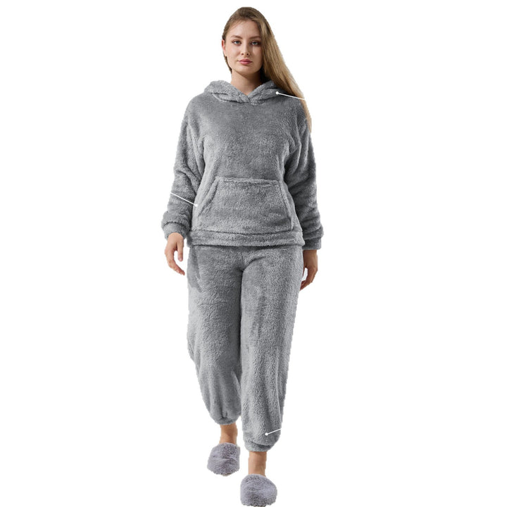 Damen Kuscheliges Teddy-Fleece Lounge-Set mit Kapuze und Kängurutasche – Auréline