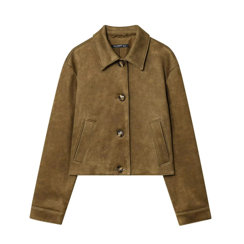 Damen kurzgeschnittene Veloursimitat-Übergangsjacke mit Hemdkragen und verdeckter Knopfleiste – Célinea