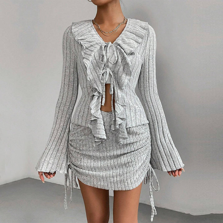 Damen gerippter Rüschencardigan mit Bindebändern und gerafftem Minirock-Set – Élanora