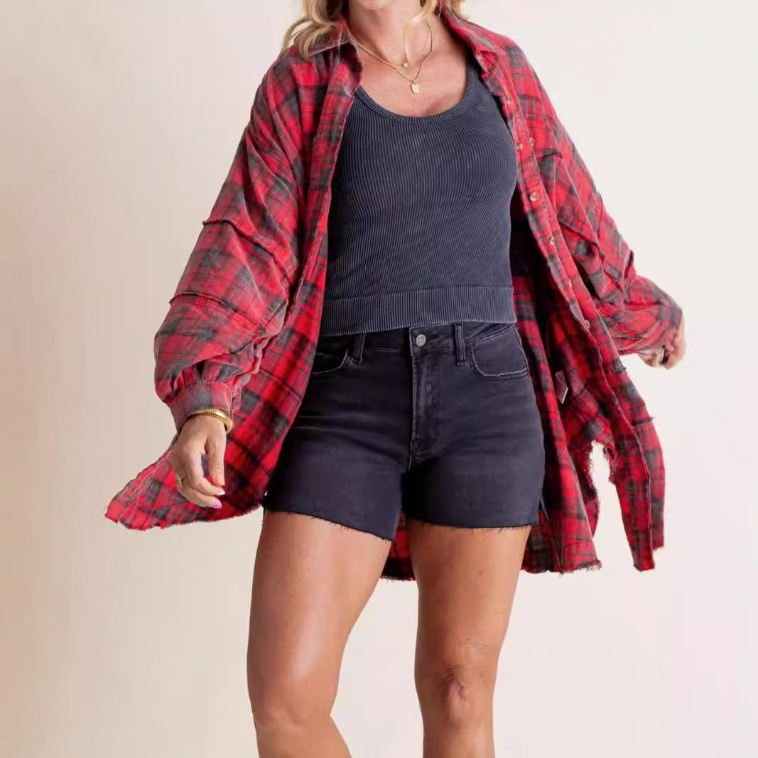 Damen nan oversized Karo-Überhemd mit Fransenbesatz, Brusttaschen und lockerer Passform Echo Archiv