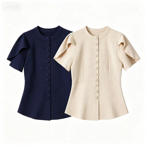 Damen Taillierte Stretch-Strickbluse mit verdeckten Stoffknöpfen und doppelten Volantärmeln Echo Archiv