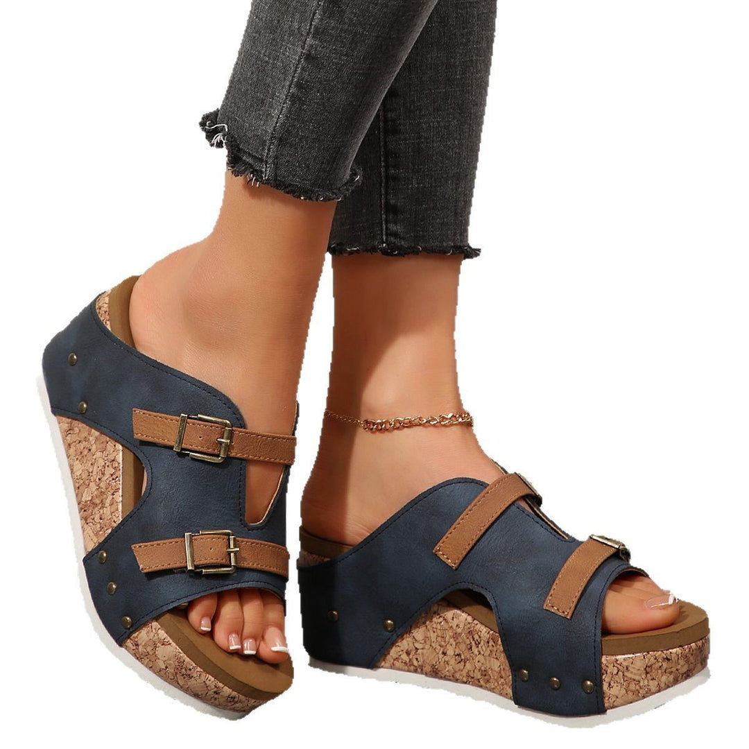 Damen Keil-Pantolette mit Korkplateau, verstellbaren Doppelriemen und gepolstertem Komfortfußbett – Sorelia