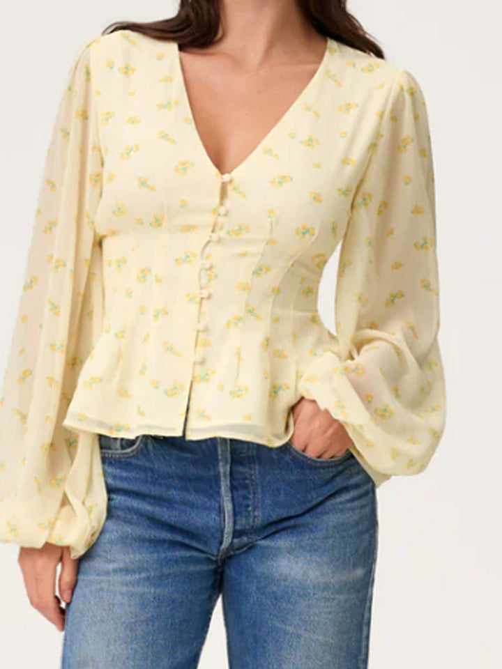 Damen Jacquard-Spitzenbluse mit tailliertem Schößchen und Ballonärmeln Echoarchiv