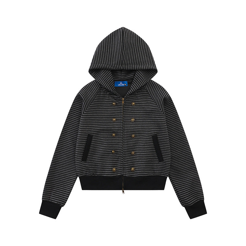 Damen gestreifte Kapuzen-Sweatjacke im Marine‑Look mit Doppelreiher‑Optik und Frontreißverschluss Echoarchiv