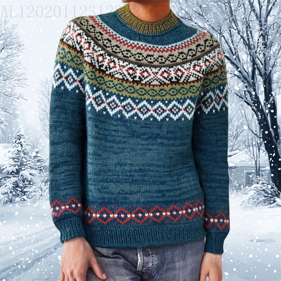 Damen nan melierter Rundhalsausschnittpullover mit kreisförmigem Jacquard-Yoke und geripptem Saum Echo Archiv