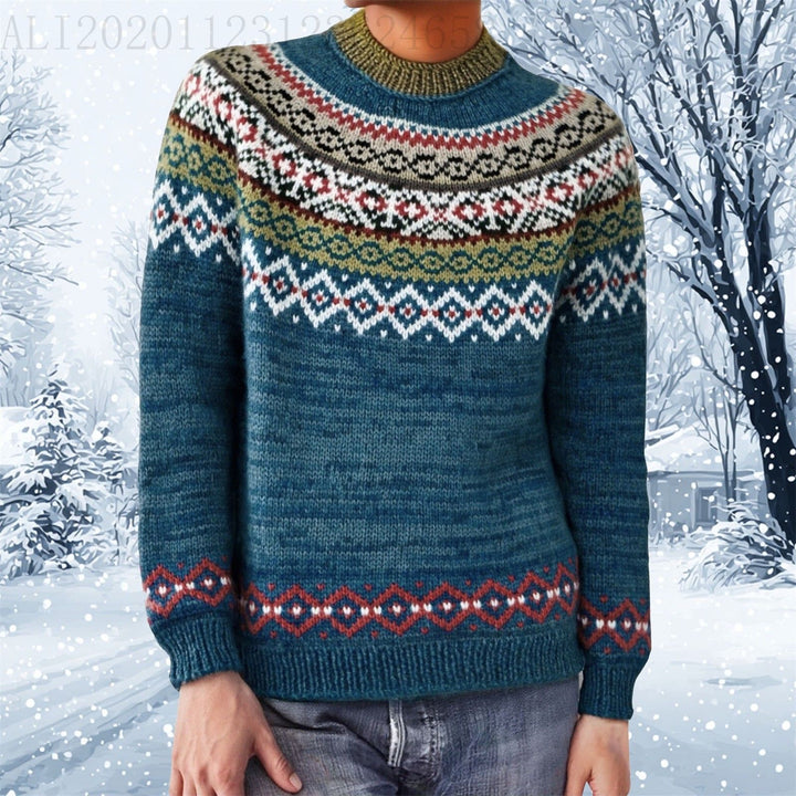 Damen nan melierter Rundhalsausschnittpullover mit kreisförmigem Jacquard-Yoke und geripptem Saum Echo Archiv