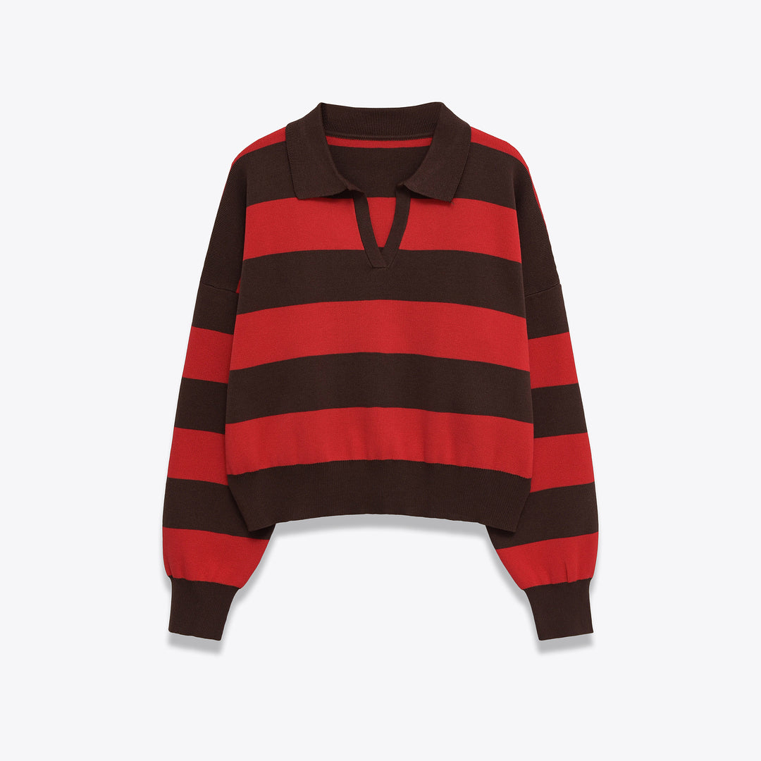 Damen Cropped Oversize Rugby-Pullover mit Polokragen und tiefem V‑Ausschnitt Echoarchiv