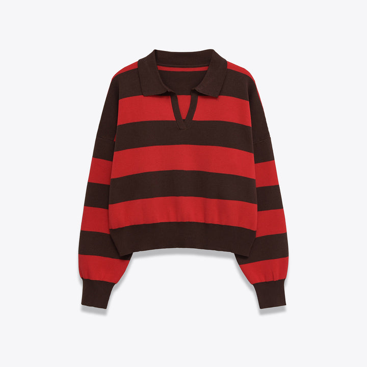 Damen Cropped Oversize Rugby-Pullover mit Polokragen und tiefem V‑Ausschnitt Echoarchiv