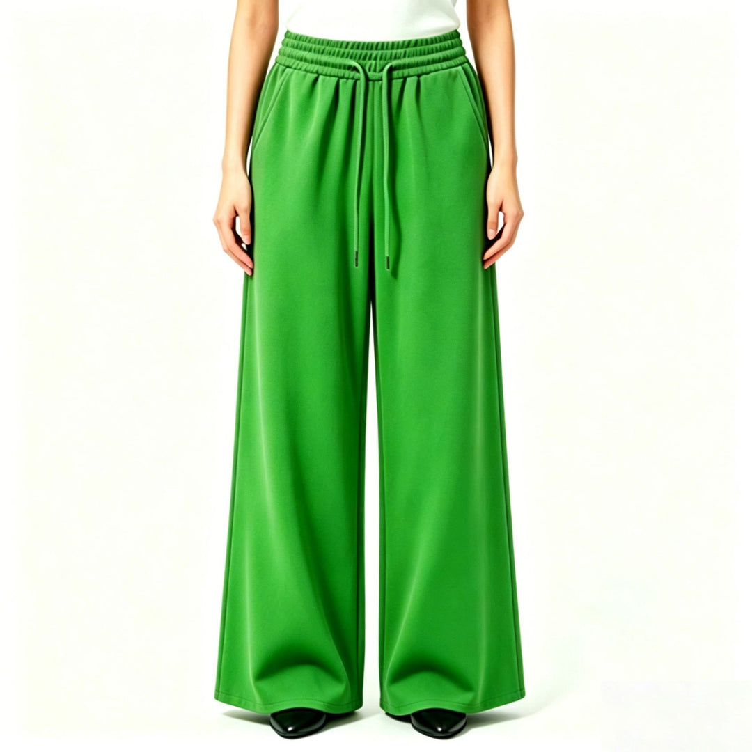 Damen weite High-Waist Loungehose mit elastischem Bund, Kordelzug und fließendem Jersey – Avélisse