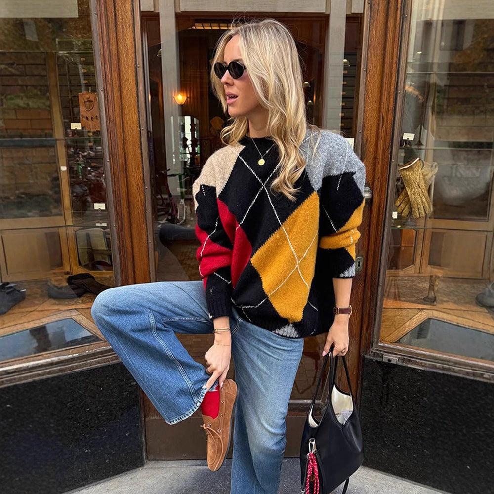 Damen Oversize Argyle-Pullover aus Mohair-Mix mit Rundhalsausschnitt und kontrastierenden Rautendetails Echoarchiv