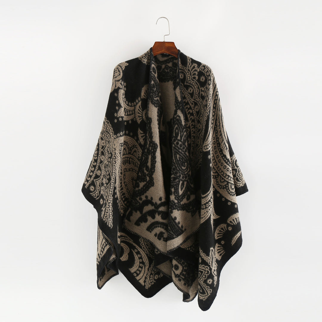 Damen Jacquard-Wollcape mit Paisley-Muster und offenem Überwurf – Avérine
