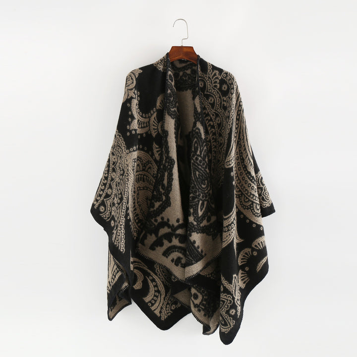 Damen Jacquard-Wollcape mit Paisley-Muster und offenem Überwurf – Avérine