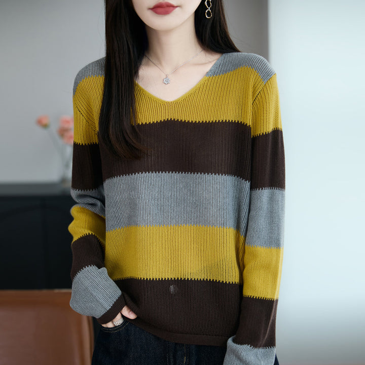 Damen Leichter V-Ausschnitt Feinstrickpullover mit breiten Blockstreifen und entspannter Passform Echoarchiv