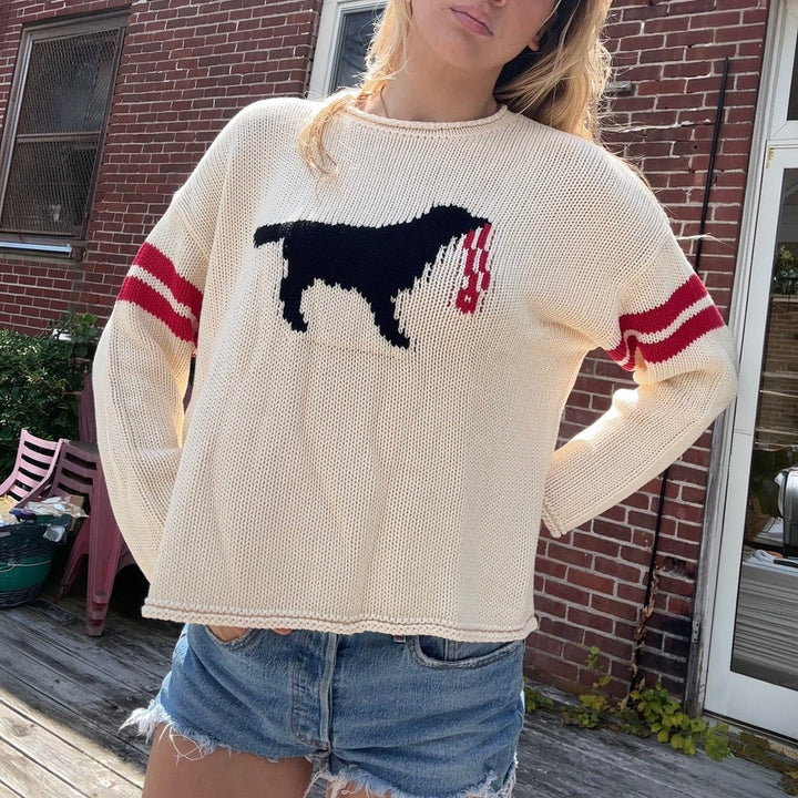 Damen Grobstrickpullover mit Hunde-Jacquard und Sportstreifen Echoarchiv