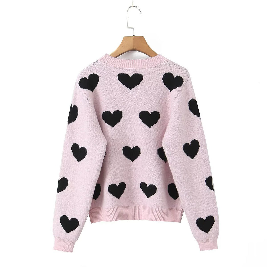 Damen Gemusterter Oversize Strickpullover mit Herzjacquard und Rundhalsausschnitt Echo Archiv