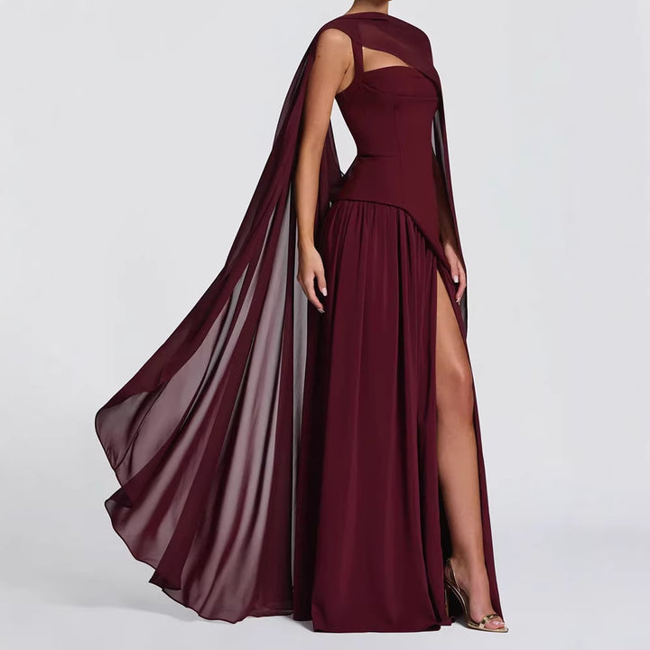 Damen Elegantes Maxikleid mit asymmetrischem Schnitt und fließendem Cape Echo Archiv
