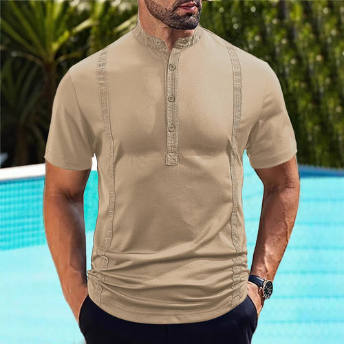 Herren nan Kurzarm-Stehkragenshirt mit verdeckter Knopfleiste, Zierpaspeln und figurbetonter Silhouette Echo Archiv