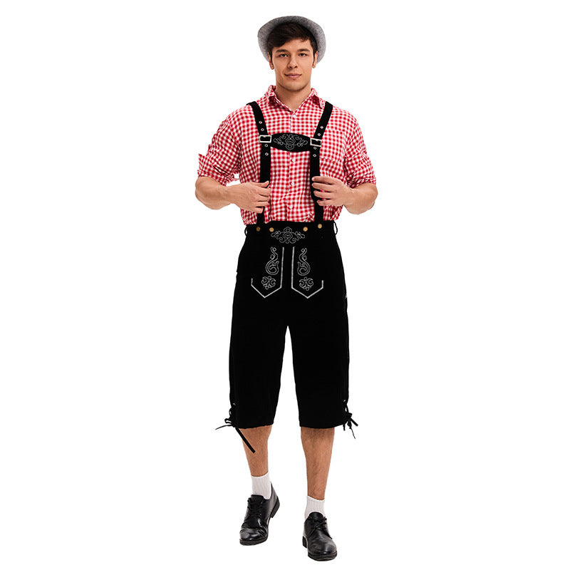Herren nan traditionelle Trachtenlederhose mit verstellbaren Trägern und stickierter Vorderpasse Echo Archiv