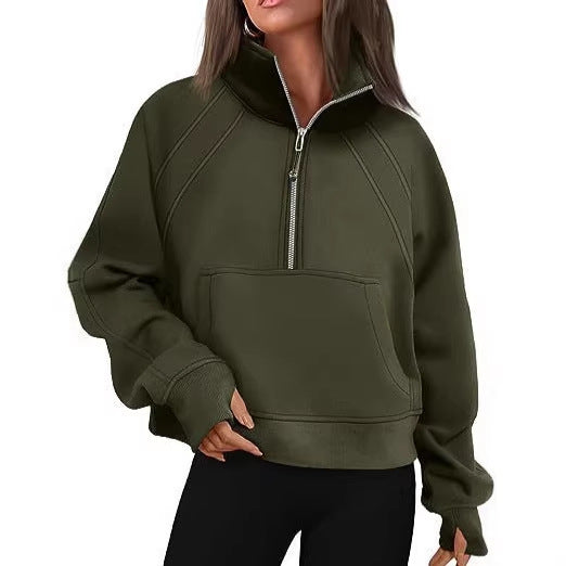 Damen nan weit geschnittenes Kurzpullover mit Stehkragen, halbem Reißverschluss und Kängurutasche Echo Archiv