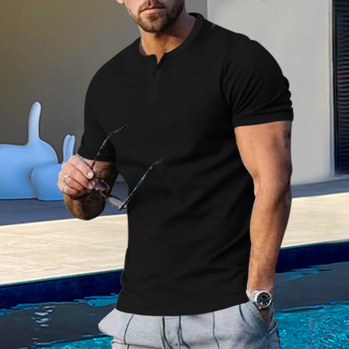 Herren Kurzarm-Henley-T-Shirt mit praktischem Knopfdesign und körperbetonter Passform Echoarchiv