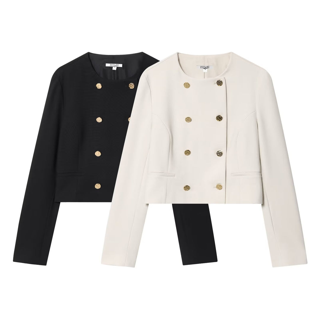 Damen Kurzer Doppelreihiger Blazer mit Rundhals und Zierknöpfen Echo Archiv