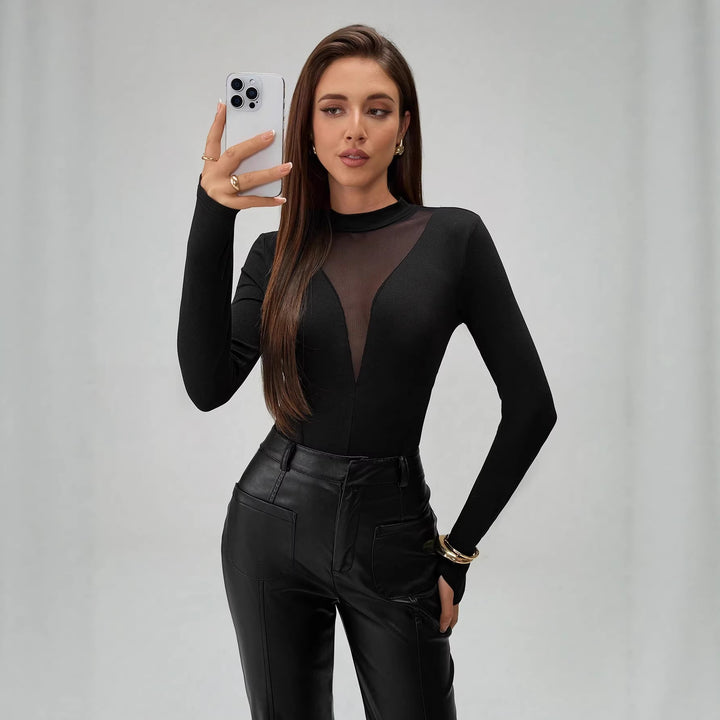 Damen nan figurbetonter Langarm-Body mit transparenten Mesh-Einsätzen, Stehkragen und hohem Beinausschnitt Echo Archiv