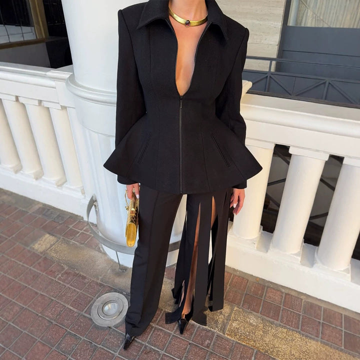 Damen taillierter Zip-Blazer mit Schößchen & strukturierter Schulter Echoarchiv