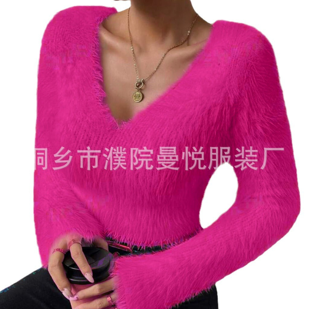 Damen Flauschiger Crop-Pullover mit V-Ausschnitt und Eyelash-Struktur – Mavelle