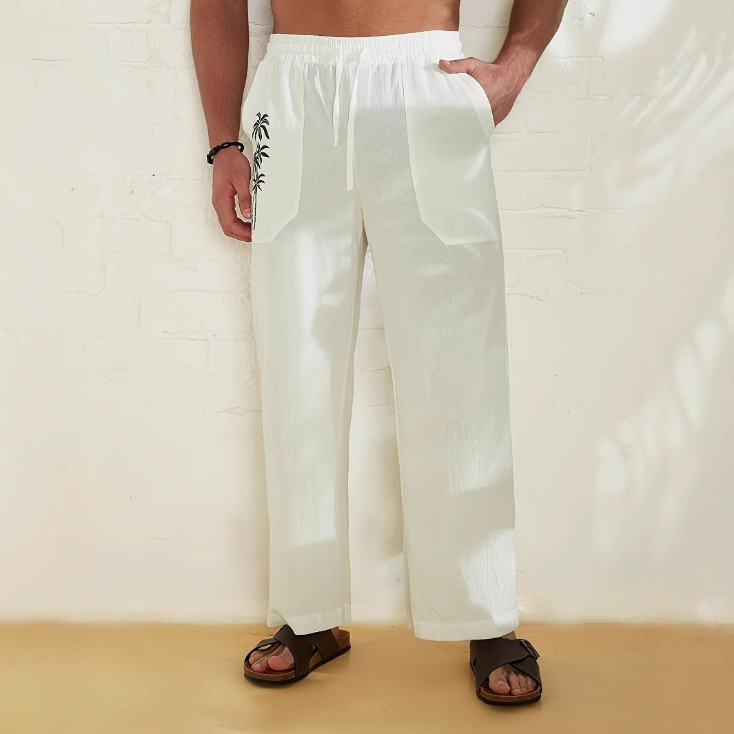 Herren Leichte Leinen-Loungehose mit weitem Bein, Kordelzug und aufgesetzten Taschen – Sorevano