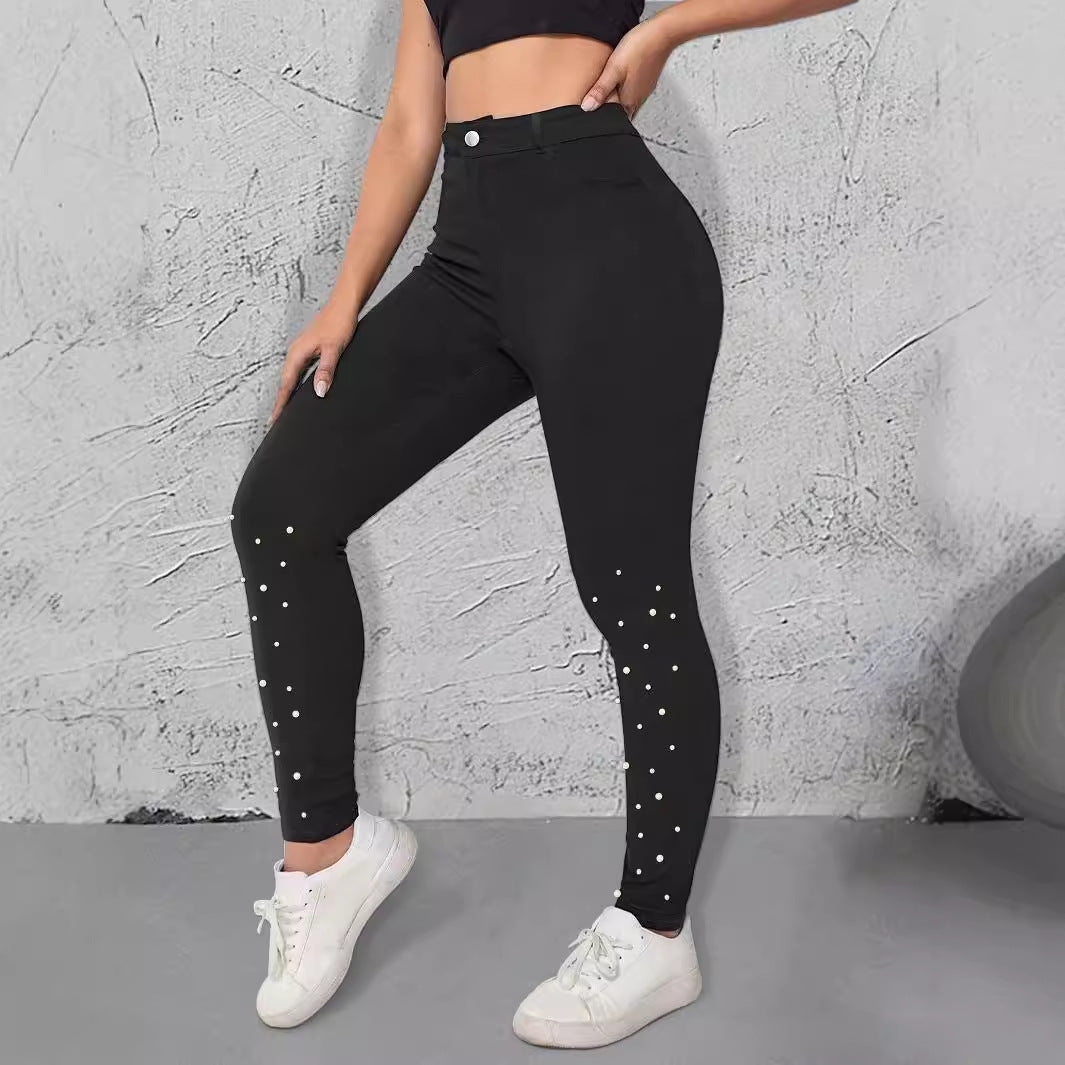 Damen High-Waist Stretch-Jeggings im Denim‑Look mit Perlen-Scatter Echo Archiv