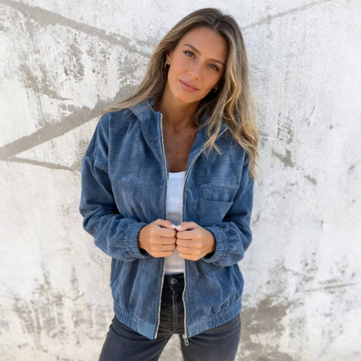 Damen nan Feincord-Übergangsjacke mit Kapuze, Reißverschluss, elastischen Bündchen und seitlichen Eingrifftaschen Echo Archiv