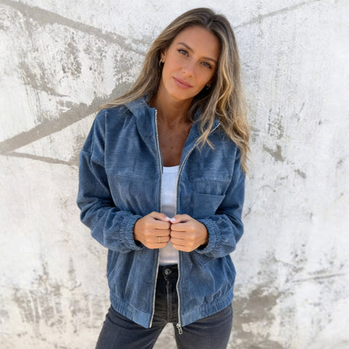 Damen nan Feincord-Übergangsjacke mit Kapuze, Reißverschluss, elastischen Bündchen und seitlichen Eingrifftaschen Echo Archiv
