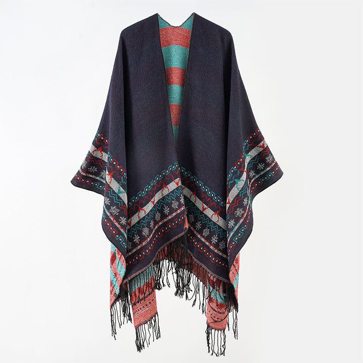 Damen Wollmix-Kimono-Poncho mit Norwegerbordüre und Fransen Echo Archiv