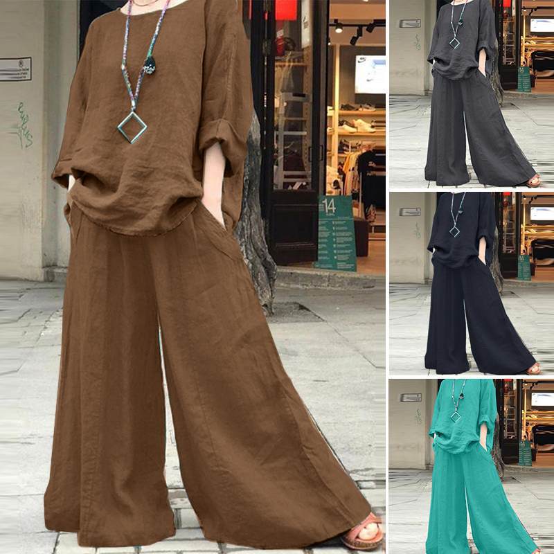 Damen Luftiges Leinen-Lounge-Set mit kastiger Tunika und extra weitem Palazzo-Hosenbein Echo Archiv