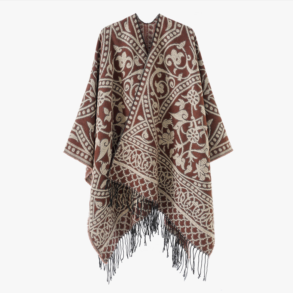 Damen Jacquard-Überwurf mit orientalischem Ornamentmuster und Fransensaum Echo Archiv