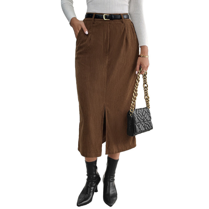 Damen Cord-Midirock mit hohem Bund, Eingrifftaschen und mittigem Schlitz Echoarchiv