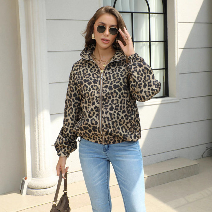 Damen Leopard-Print Bomberjacke mit Stehkragen, Reißverschluss und Gummizug Echoarchiv