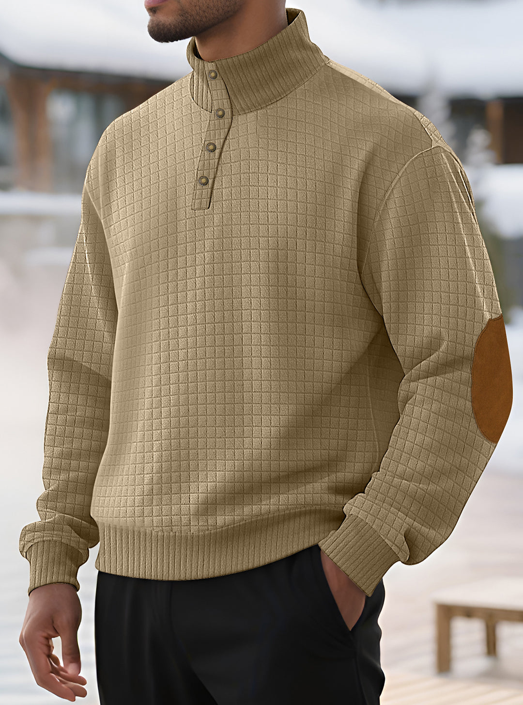 Herren modischer Stehkragenpullover mit strukturiertem Gewebe und Knopfverschluss Echoarchiv
