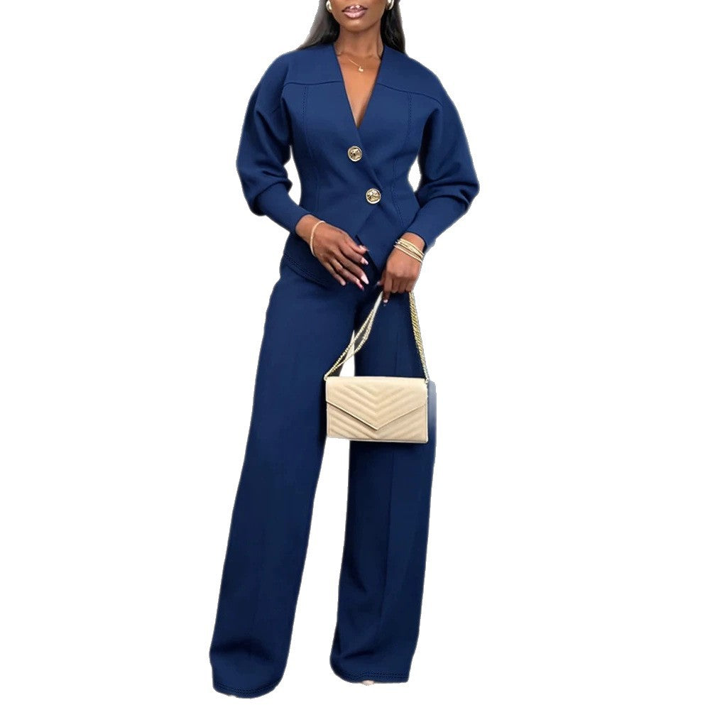 Damen Zweiteiliges tailliertes Blazer‑Hosen‑Set mit goldenen Zierknöpfen und weitem Palazzo-Bein – Avérine