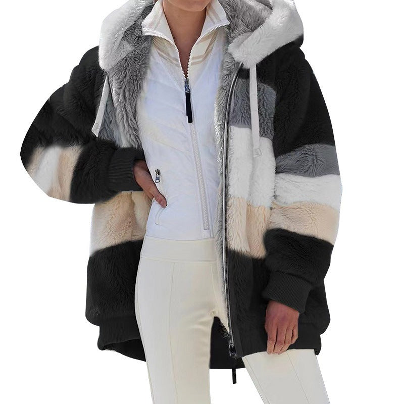 Damen nan kuschelige Oversize Kunstpelzjacke mit Kapuze, Blockstreifen und Rippbündchen Echo Archiv